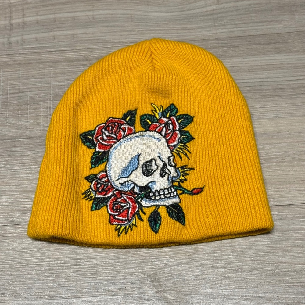 Ed Hardy By Christian Audigier Skull Roses Yellow Knit Beanie Hat OS Y2K Tattoo